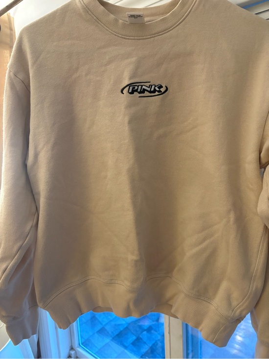 PINK Victoria's Secret Tops - PINK Victoria's Secret Cream Crewneck Sweatshirt with Small Logo